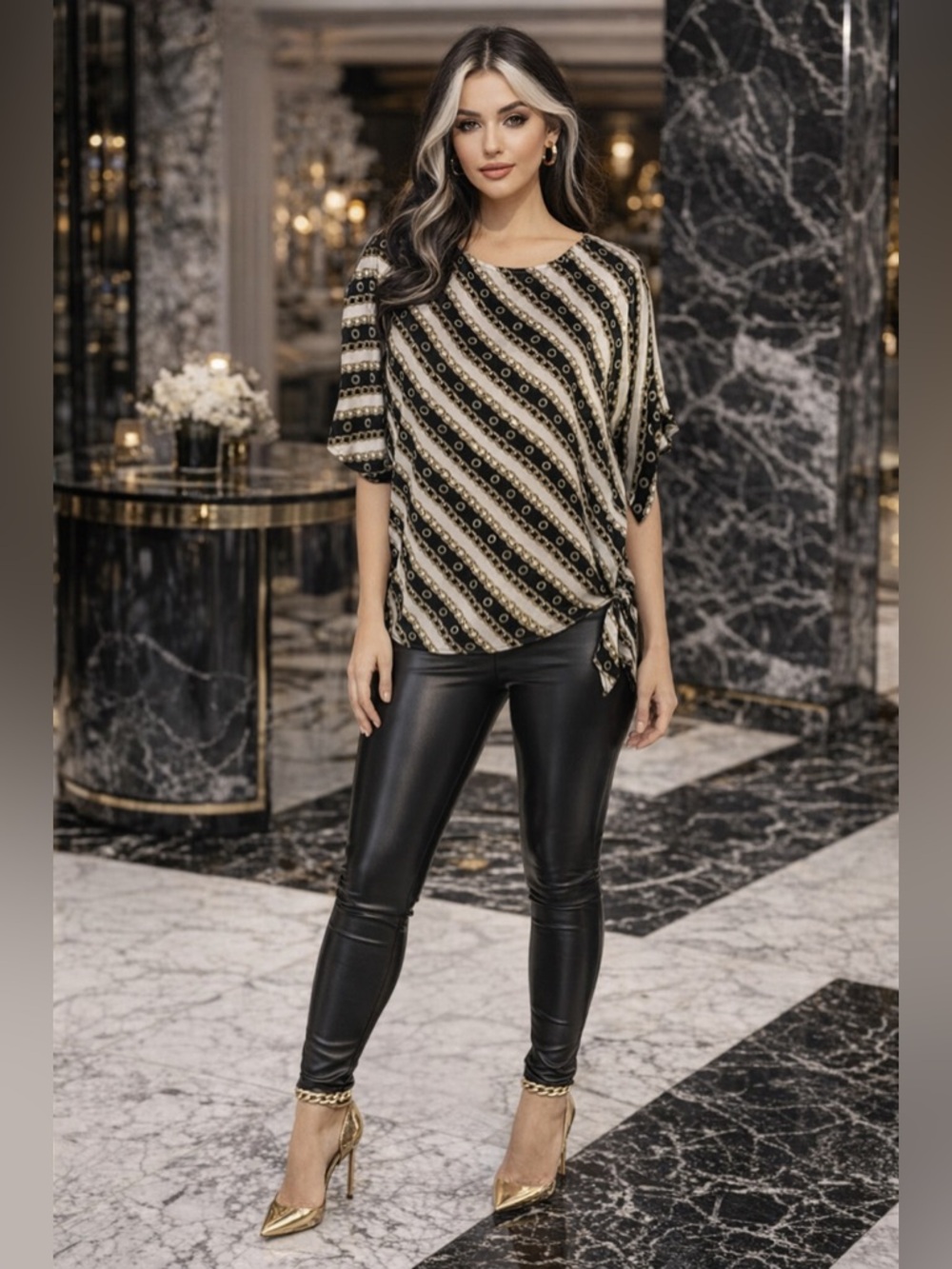 MICHAEL KORS Black White & Gold Chain Link Boat Neck Side Tie Top   NWT  $90